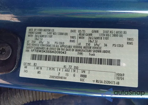 2025 Ford F-150 Xlt z USA, uszkodzony, nr VIN 1FTEW3K55SKD39343